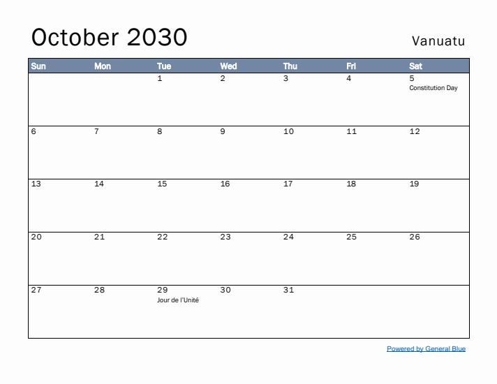 October 2030 Simple Monthly Calendar for Vanuatu
