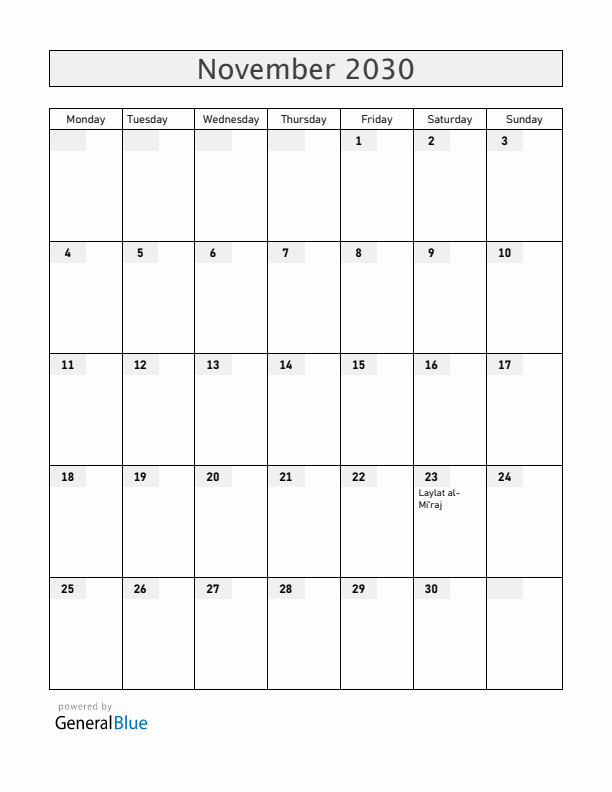 United Arab Emirates November 2030 Calendar with Holidays