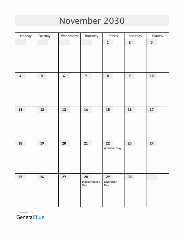 Albania November 2030 Calendar with Holidays