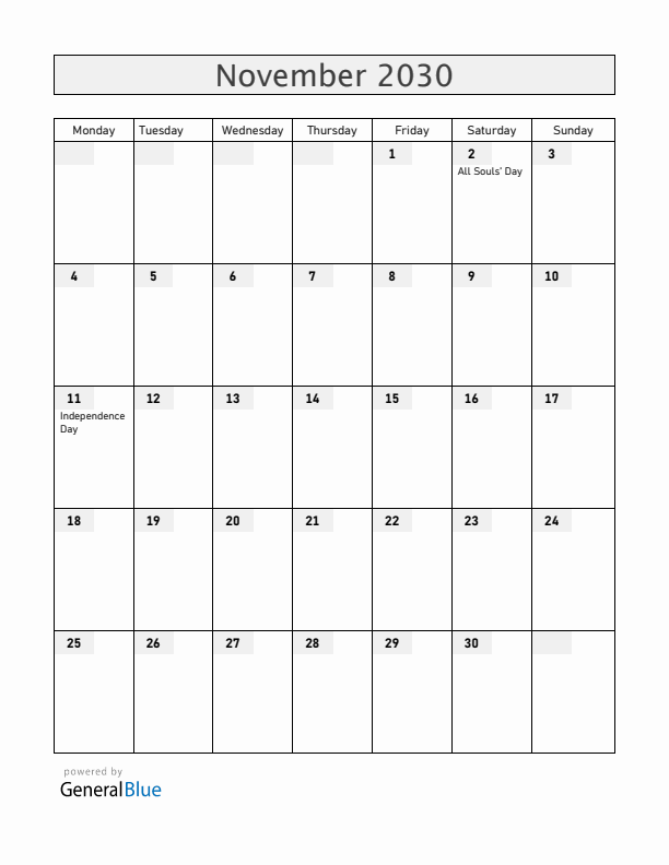 Angola November 2030 Calendar with Holidays