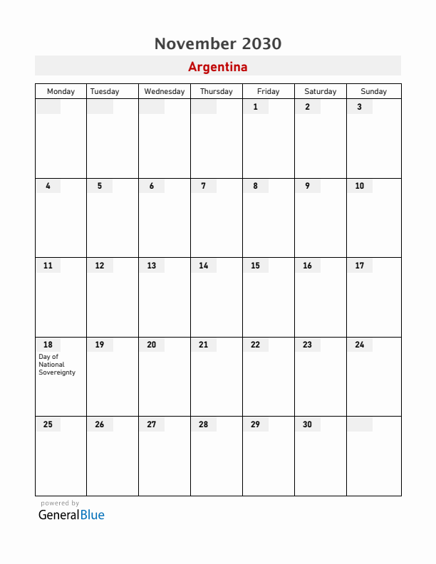 Argentina November 2030 Calendar with Holidays