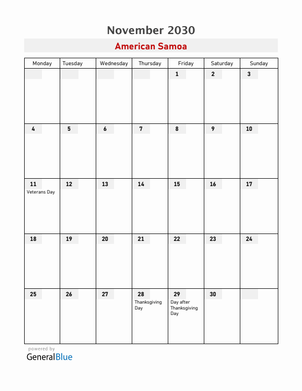 American Samoa November 2030 Calendar with Holidays