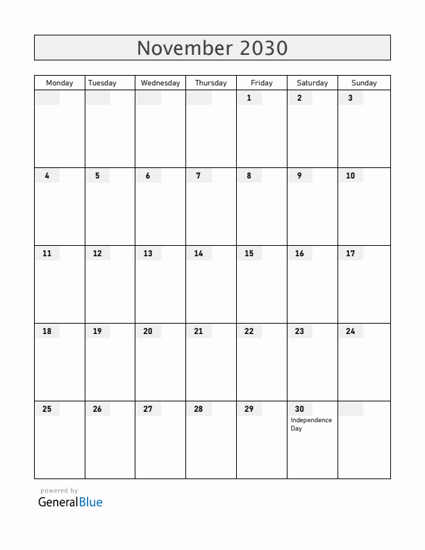 Barbados November 2030 Calendar with Holidays