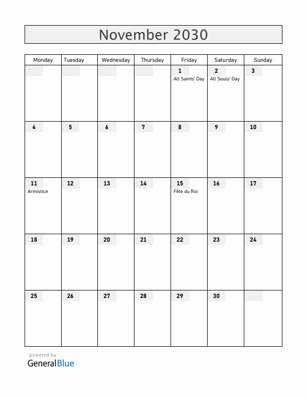 Belgium November 2030 Calendar with Holidays