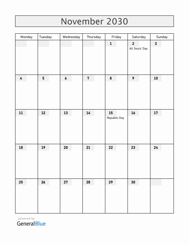 Brazil November 2030 Calendar with Holidays