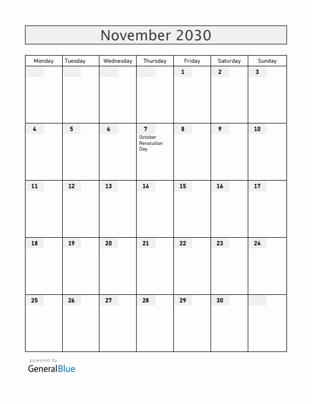 Belarus November 2030 Calendar with Holidays