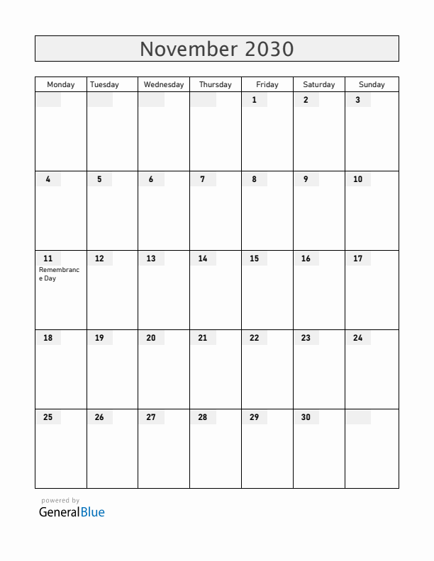Canada November 2030 Calendar with Holidays