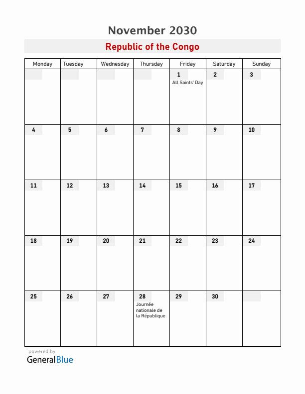 Republic of the Congo November 2030 Calendar with Holidays