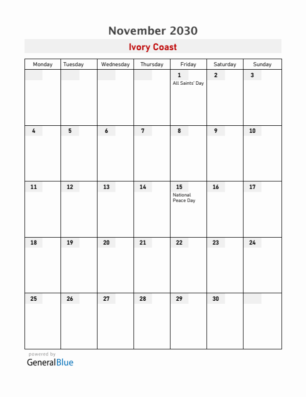 Ivory Coast November 2030 Calendar with Holidays
