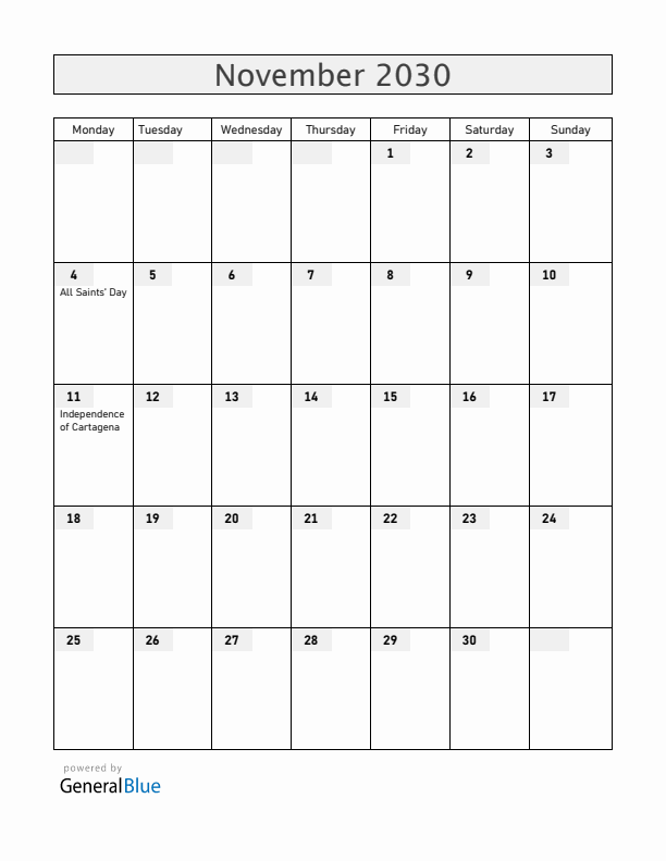 Colombia November 2030 Calendar with Holidays