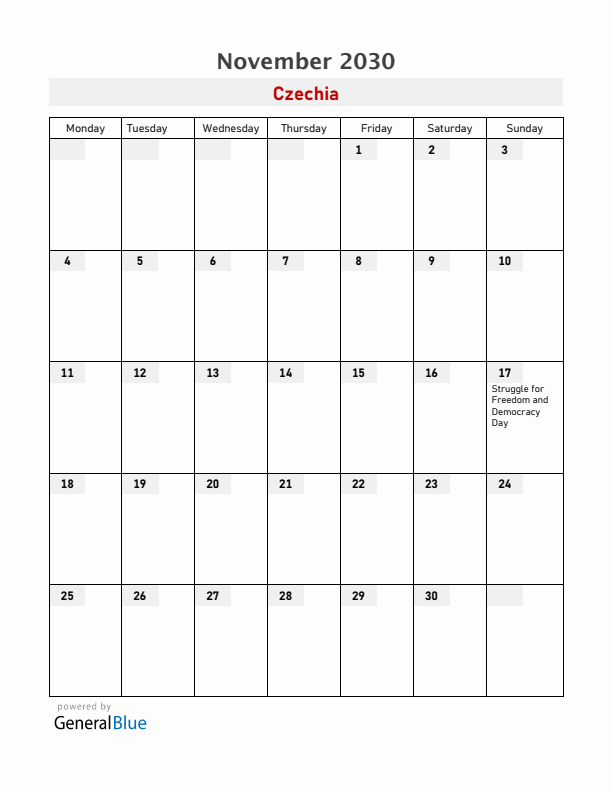 Czechia November 2030 Calendar with Holidays