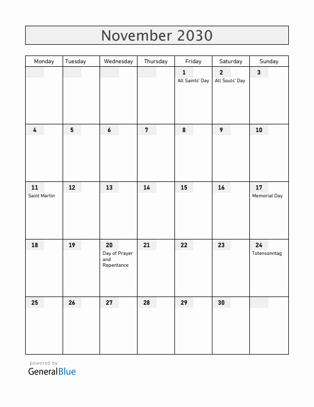 Germany November 2030 Calendar with Holidays