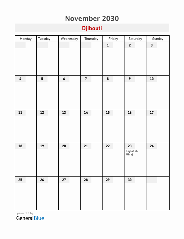 Djibouti November 2030 Calendar with Holidays