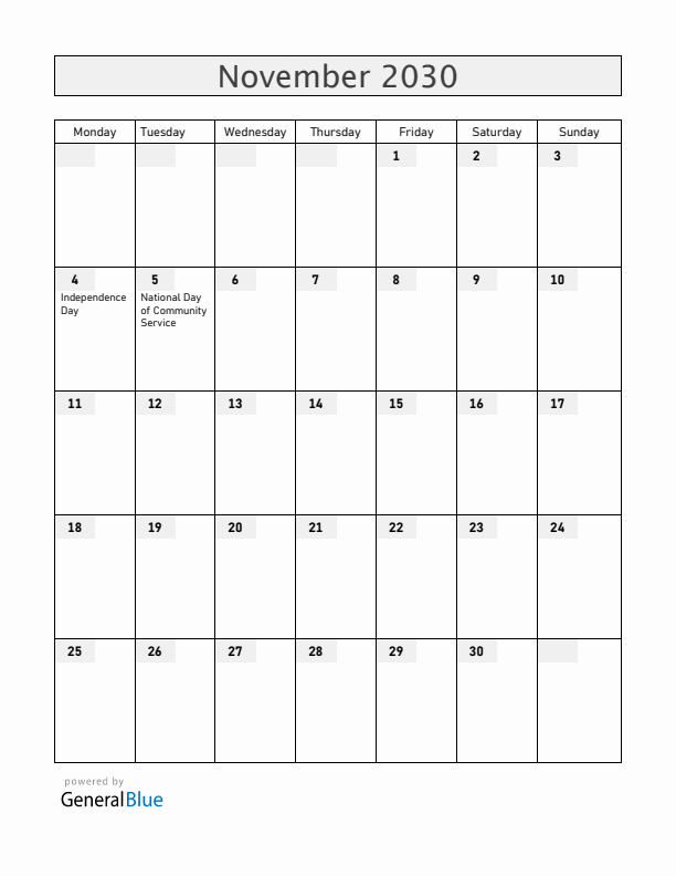 Dominica November 2030 Calendar with Holidays