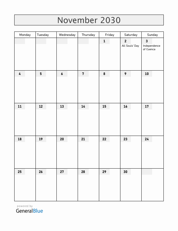 Ecuador November 2030 Calendar with Holidays