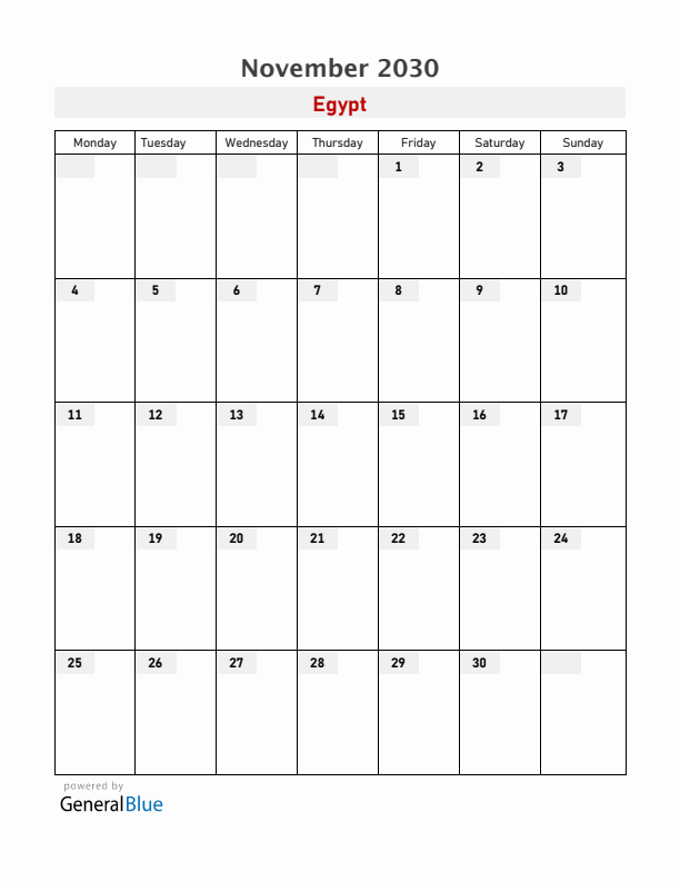 Egypt November 2030 Calendar with Holidays
