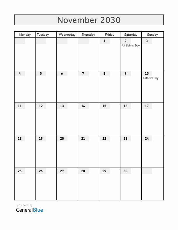 Finland November 2030 Calendar with Holidays