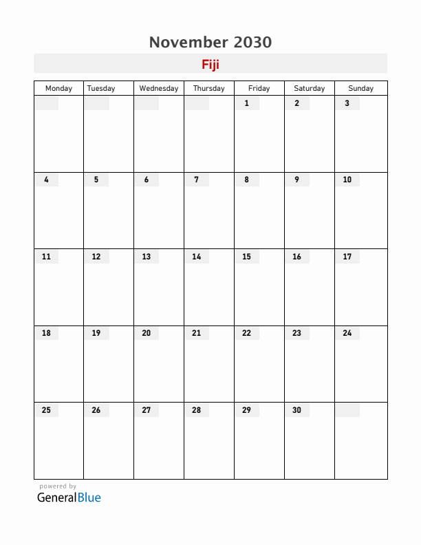 Fiji November 2030 Calendar with Holidays