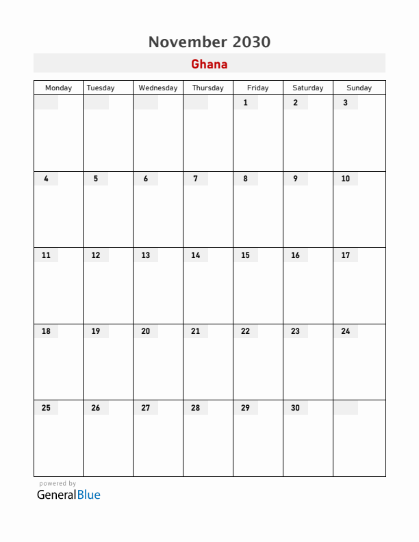 Ghana November 2030 Calendar with Holidays