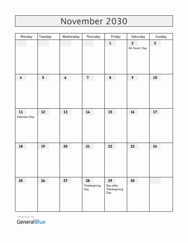 Guam November 2030 Calendar with Holidays