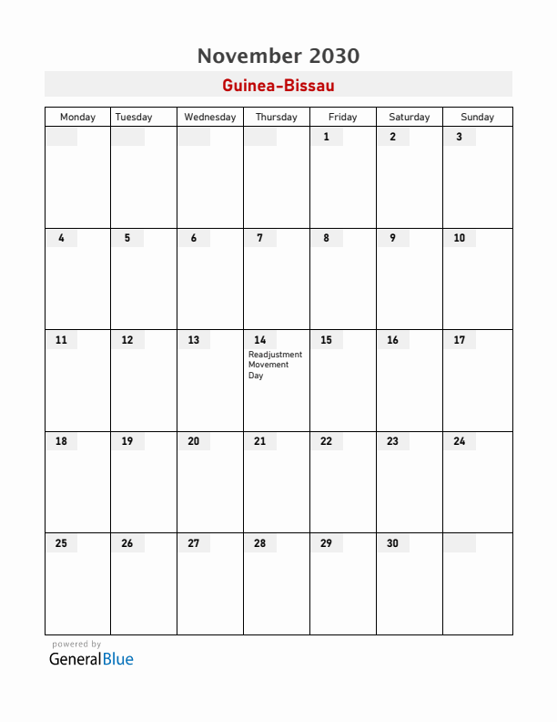 Guinea-Bissau November 2030 Calendar with Holidays