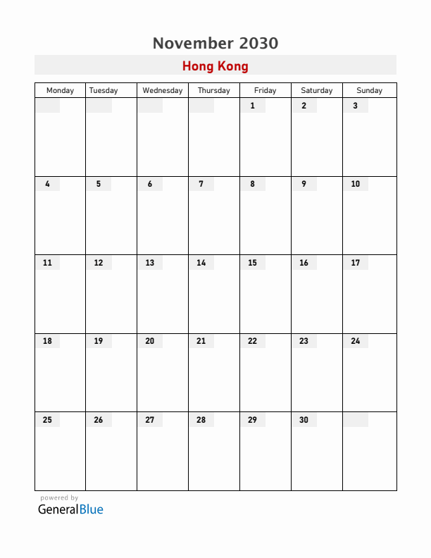Hong Kong November 2030 Calendar with Holidays