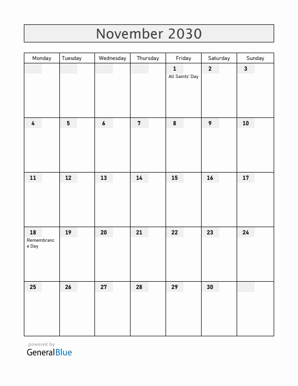Croatia November 2030 Calendar with Holidays