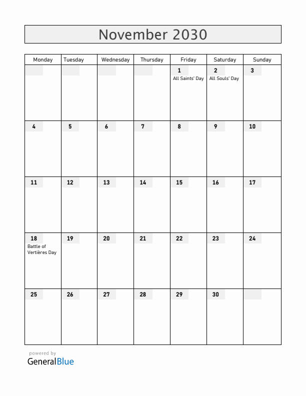 Haiti November 2030 Calendar with Holidays