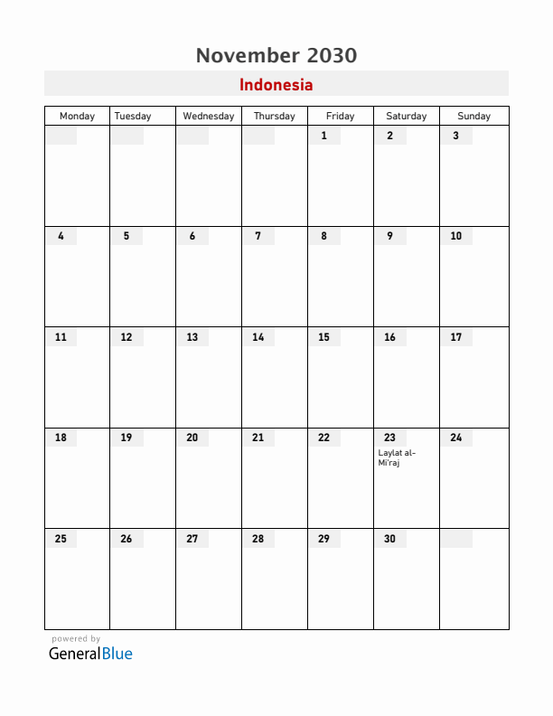 Indonesia November 2030 Calendar with Holidays