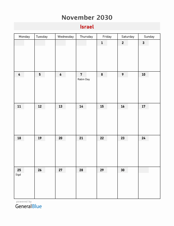 Israel November 2030 Calendar with Holidays