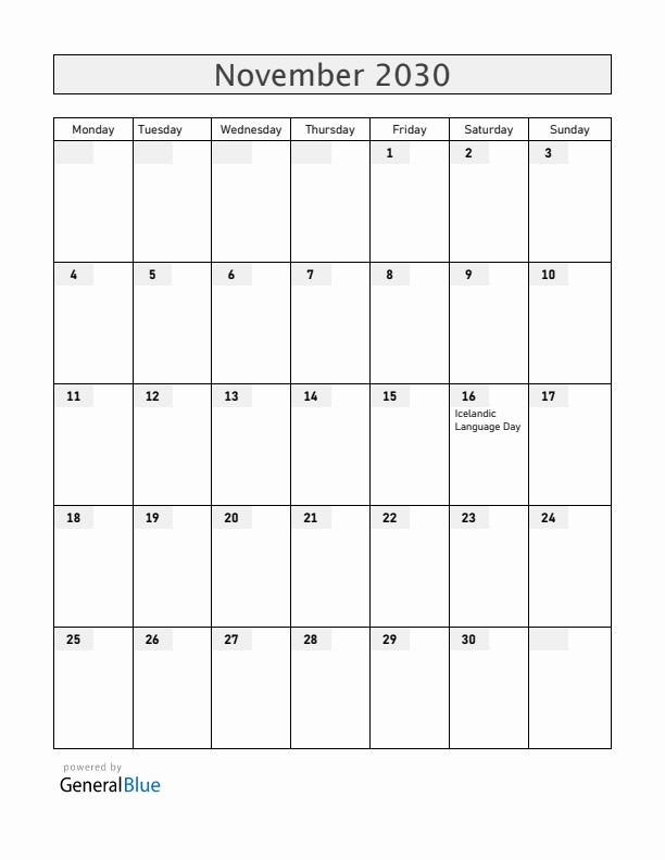 Iceland November 2030 Calendar with Holidays