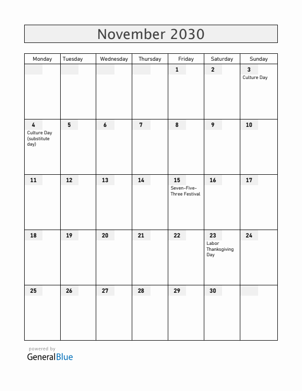 Japan November 2030 Calendar with Holidays