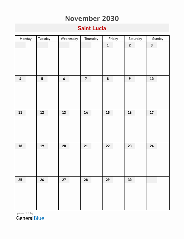 Saint Lucia November 2030 Calendar with Holidays