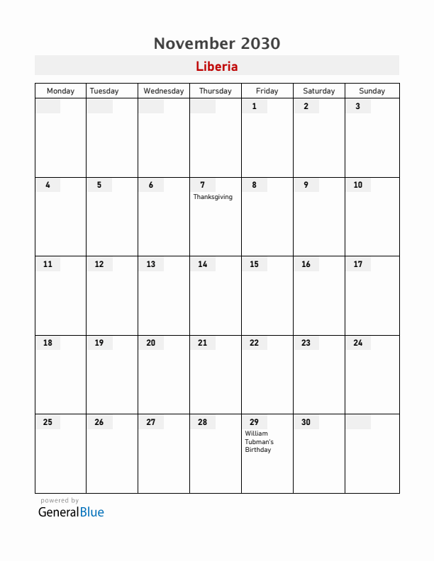 Liberia November 2030 Calendar with Holidays