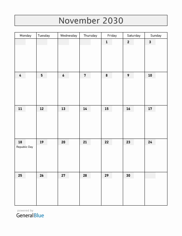 Latvia November 2030 Calendar with Holidays