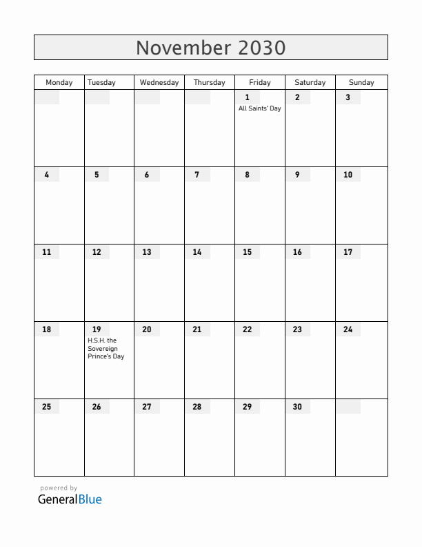 Monaco November 2030 Calendar with Holidays