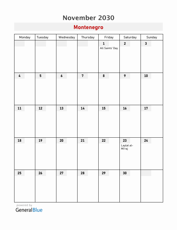 Montenegro November 2030 Calendar with Holidays
