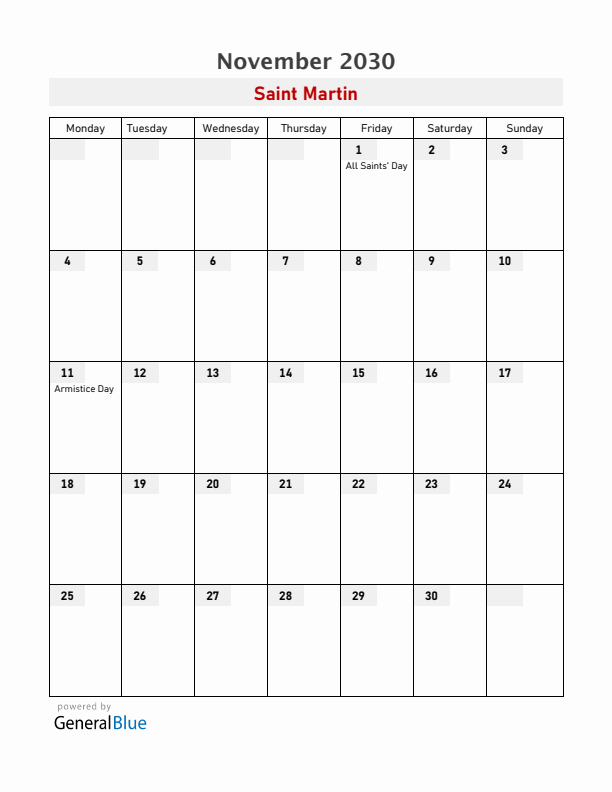Saint Martin November 2030 Calendar with Holidays