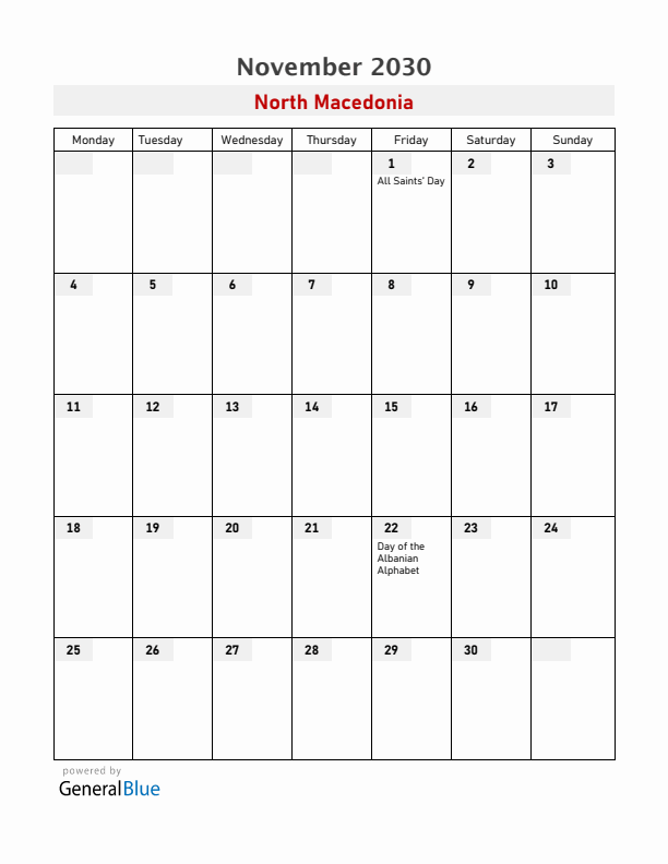 North Macedonia November 2030 Calendar with Holidays