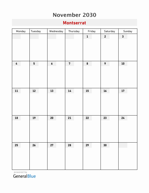 Montserrat November 2030 Calendar with Holidays