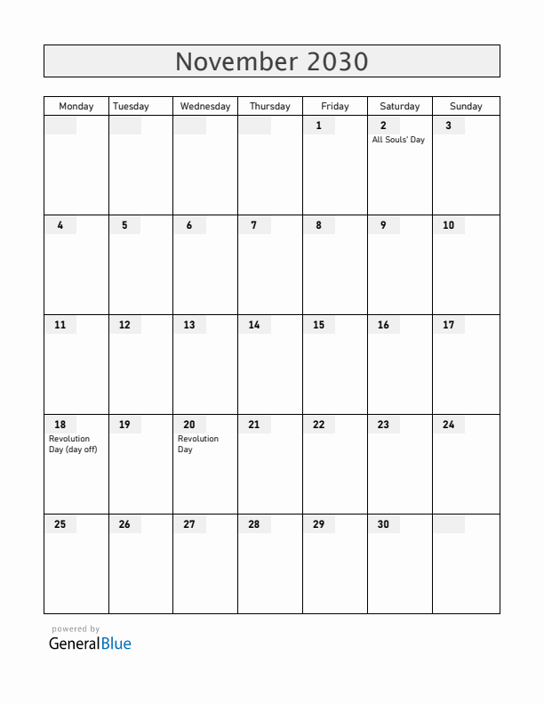 Mexico November 2030 Calendar with Holidays
