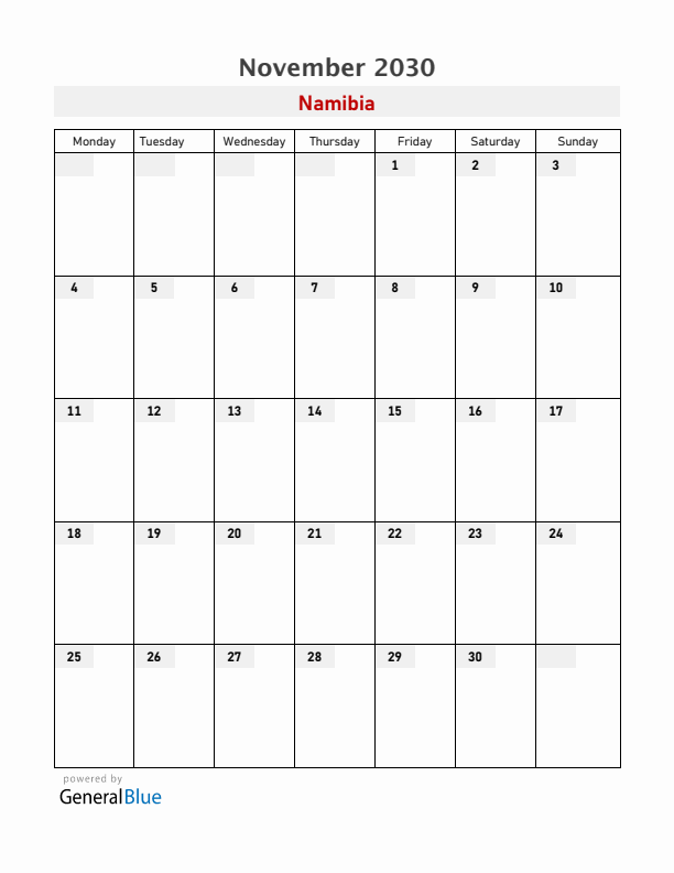 Namibia November 2030 Calendar with Holidays