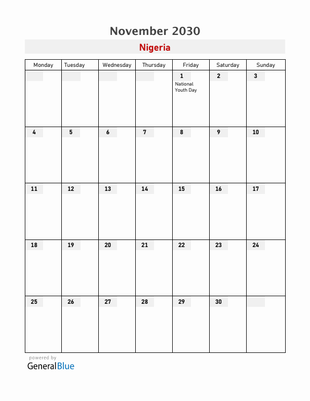 Nigeria November 2030 Calendar with Holidays