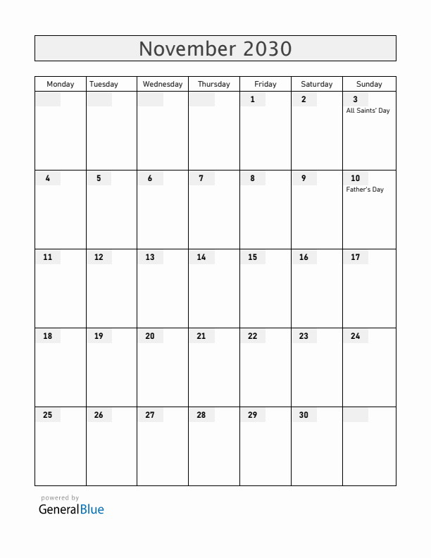 Norway November 2030 Calendar with Holidays