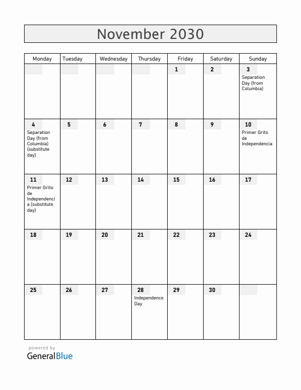 Panama November 2030 Calendar with Holidays