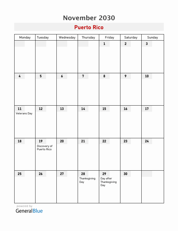 Puerto Rico November 2030 Calendar with Holidays