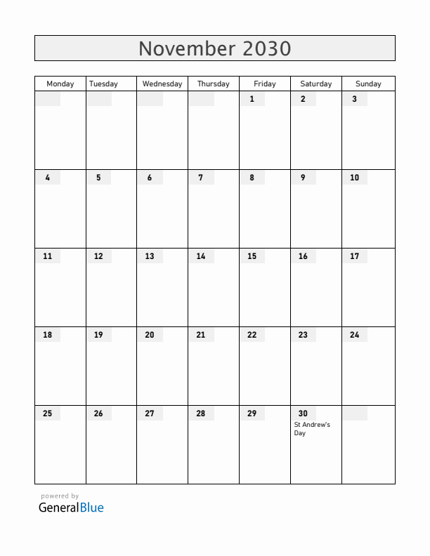 Romania November 2030 Calendar with Holidays