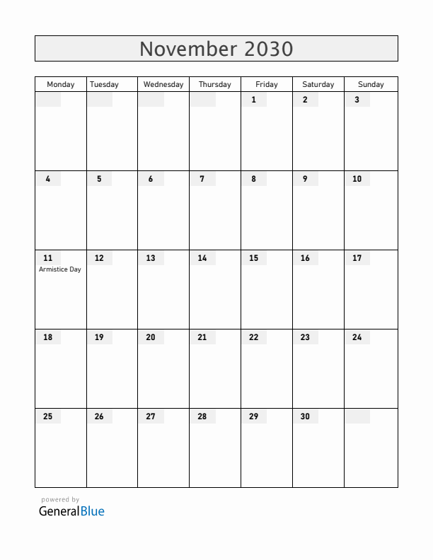 Serbia November 2030 Calendar with Holidays