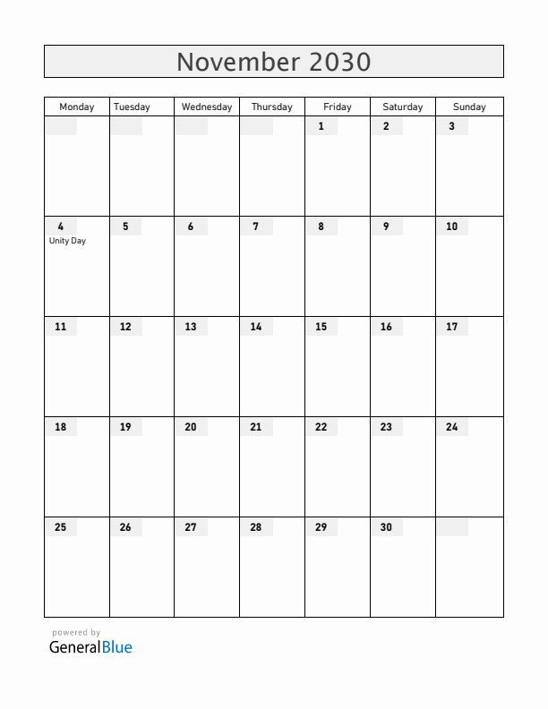 Russia November 2030 Calendar with Holidays