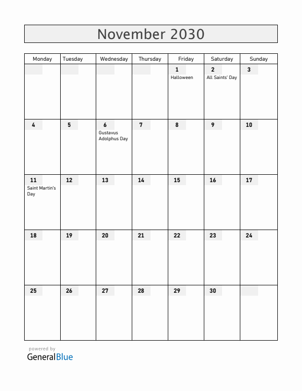 Sweden November 2030 Calendar with Holidays